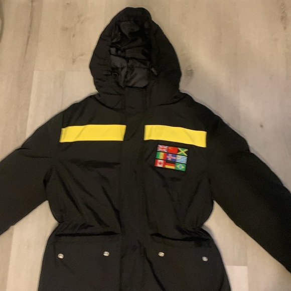 forever 21 mens medium coat jacket black puffer ski flags hooded Logo Full Zip S - Picture 2 of 12